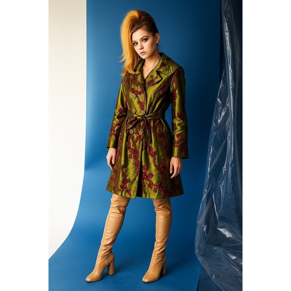 Hossana Design Jackets & Blazers - VTG Trench Coat M Green Red Rosette Double Breasted Avant Garde Runway Couture